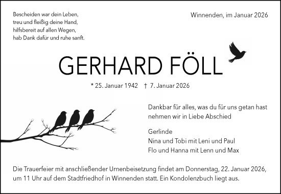 Traueranzeige von Gerhard Föll von Waiblinger Kreiszeitung