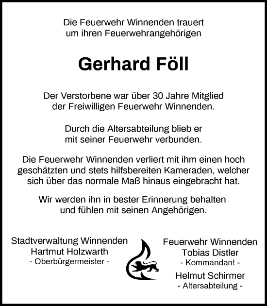 Traueranzeige von Gerhard Föll von Waiblinger Kreiszeitung