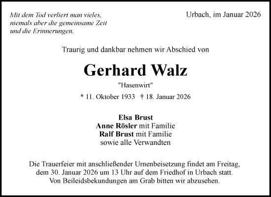 Traueranzeige von Gerhard Walz von Waiblinger Kreiszeitung