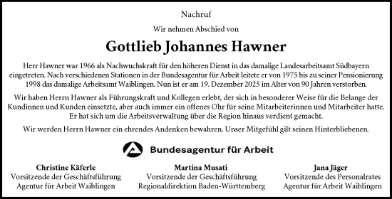 Traueranzeige von Gottlieb Johannes Hawner von Waiblinger Kreiszeitung