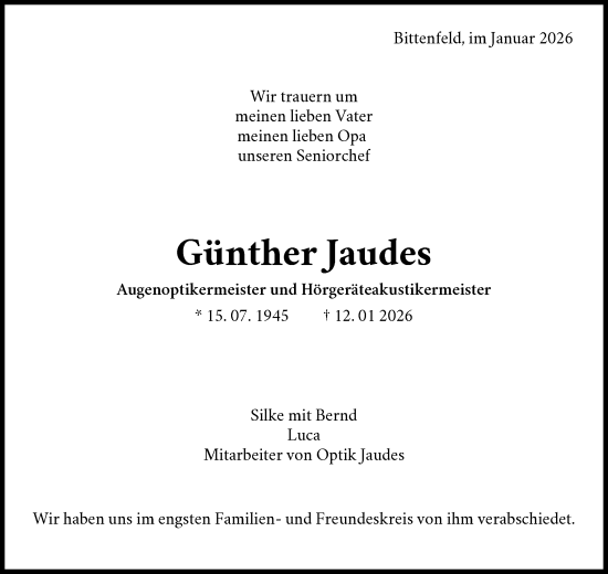 Traueranzeige von Günther Jaudes von Waiblinger Kreiszeitung