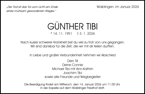 Traueranzeige von Günther Tibi von Waiblinger Kreiszeitung