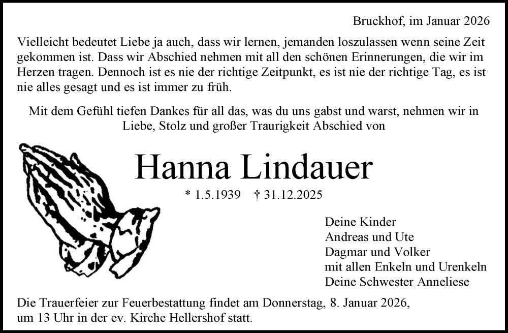  Traueranzeige für Hanna Lindauer vom 05.01.2026 aus Waiblinger Kreiszeitung