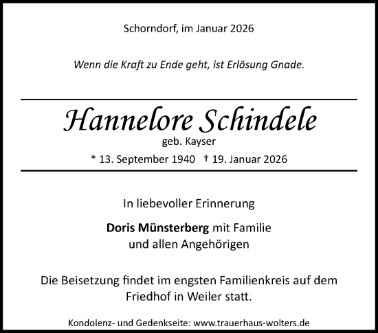 Traueranzeige von Hannelore Schindele von Waiblinger Kreiszeitung