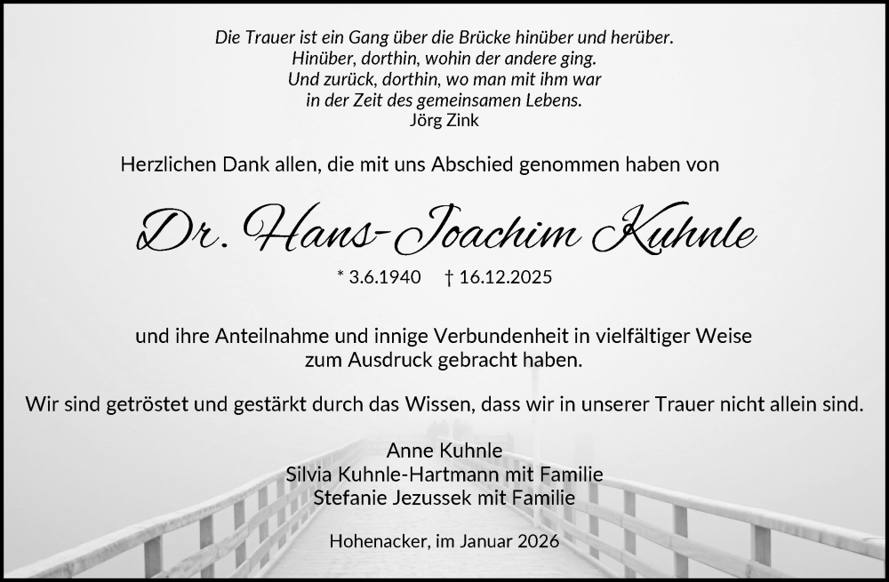  Traueranzeige für Hans-Joachim Kuhnle vom 24.01.2026 aus Waiblinger Kreiszeitung