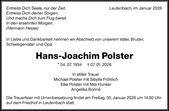 Traueranzeige von Hans-Joachim Polster von Waiblinger Kreiszeitung