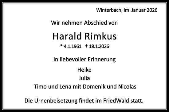 Traueranzeige von Harald Rimkus von Waiblinger Kreiszeitung