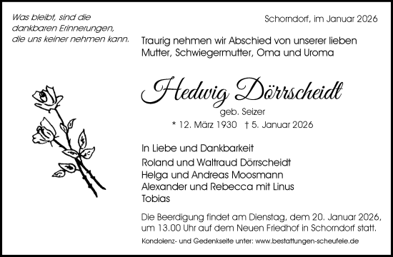 Traueranzeige von Hedwig Dörrscheidt von Waiblinger Kreiszeitung