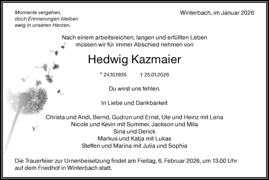 Traueranzeige von Hedwig Kazmaier von Waiblinger Kreiszeitung