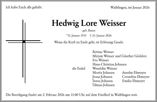 Traueranzeige von Hedwig Lore Weisser von Waiblinger Kreiszeitung