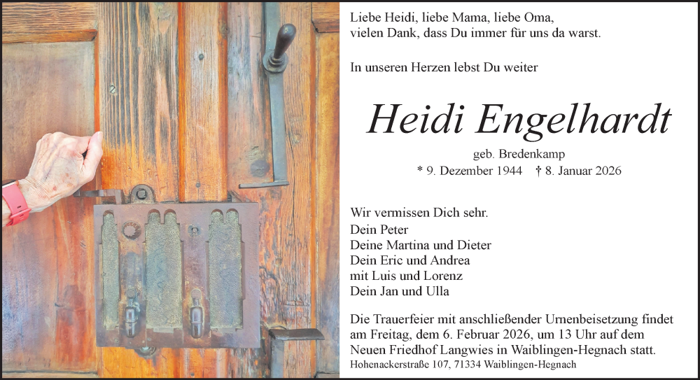  Traueranzeige für Heidi Engelhardt vom 30.01.2026 aus Waiblinger Kreiszeitung