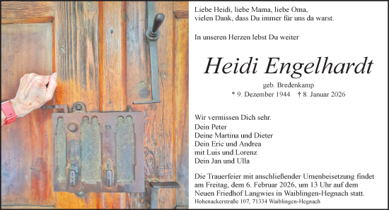 Traueranzeige von Heidi Engelhardt von Waiblinger Kreiszeitung