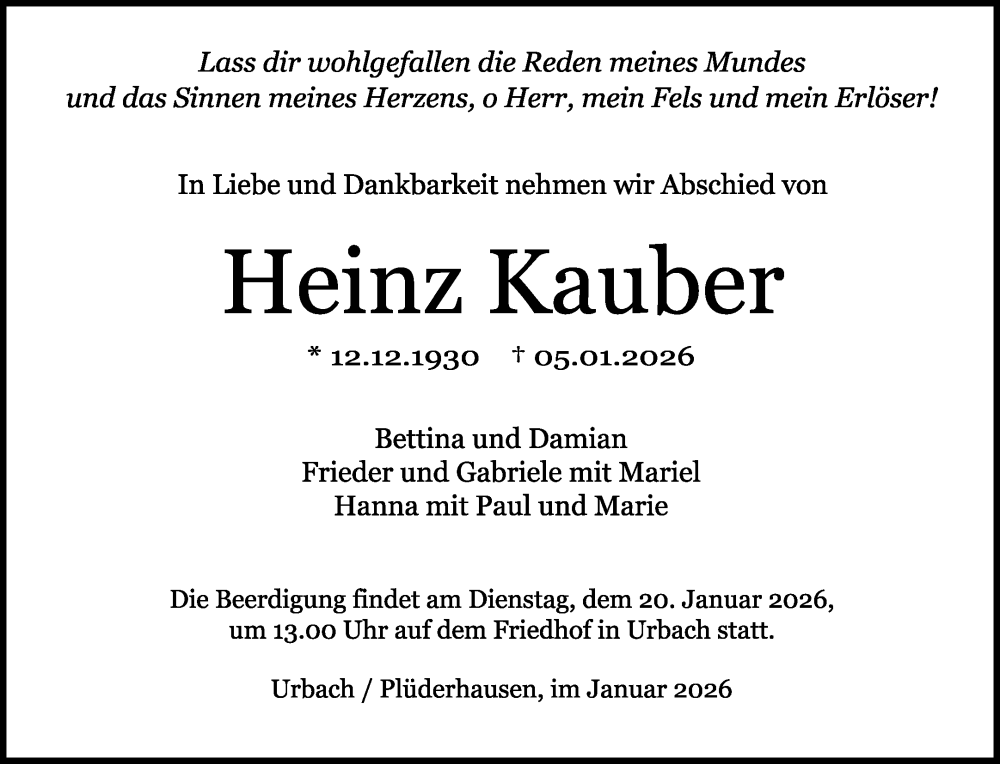  Traueranzeige für Heinz Kauber vom 15.01.2026 aus Waiblinger Kreiszeitung