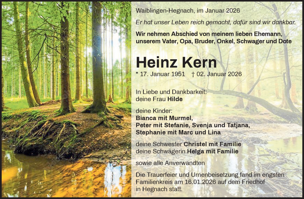  Traueranzeige für Heinz Kern vom 17.01.2026 aus Waiblinger Kreiszeitung