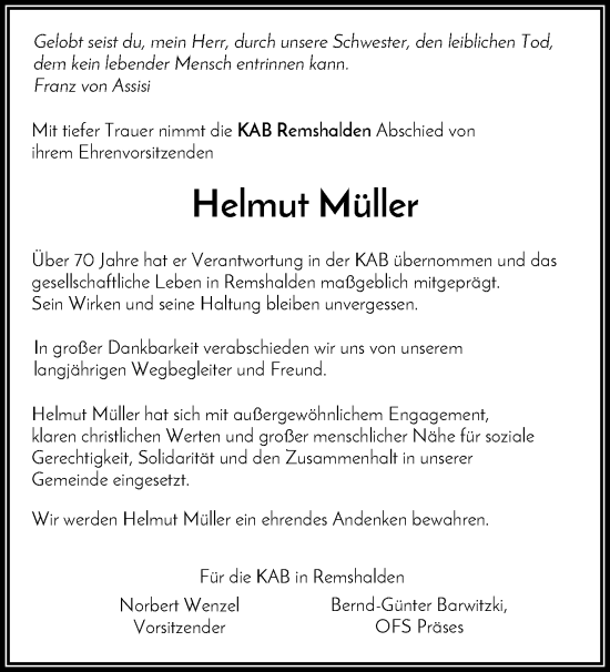 Traueranzeige von Helmut Müller von Waiblinger Kreiszeitung