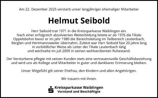 Traueranzeige von Helmut Seibold von Waiblinger Kreiszeitung
