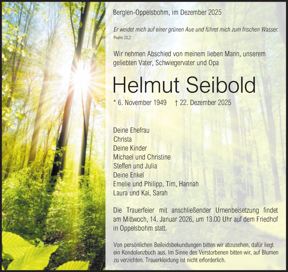  Traueranzeige für Helmut Seibold vom 03.01.2026 aus Waiblinger Kreiszeitung