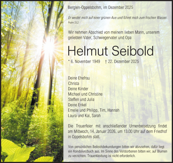 Traueranzeige von Helmut Seibold von Waiblinger Kreiszeitung