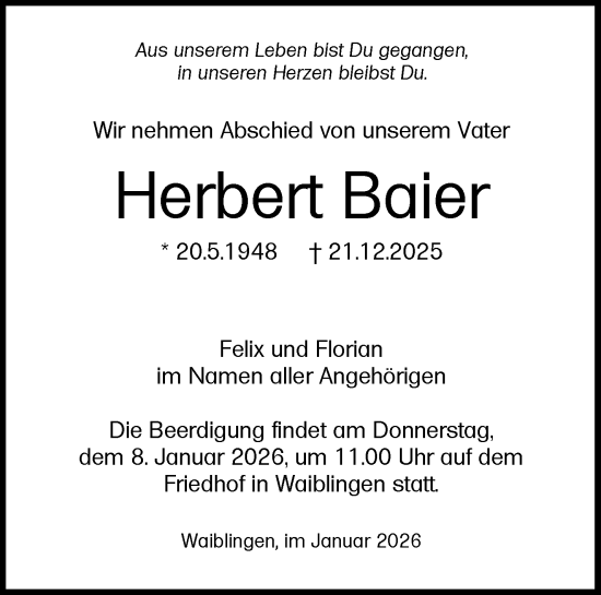 Traueranzeige von Herbert Baier von Waiblinger Kreiszeitung