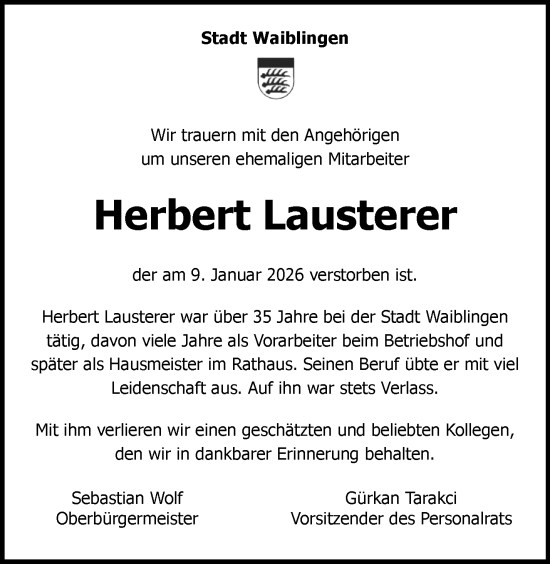 Traueranzeige von Herbert Lausterer von Waiblinger Kreiszeitung