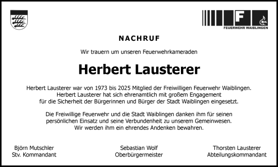 Traueranzeige von Herbert Lausterer von Waiblinger Kreiszeitung