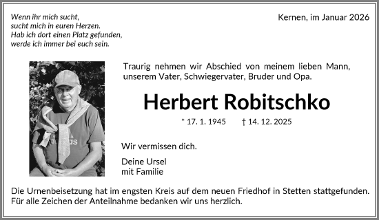 Traueranzeige von Herbert Robitschko von Waiblinger Kreiszeitung