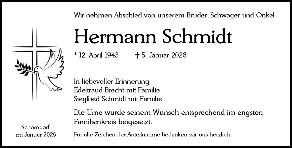 Traueranzeige für Hermann Schmidt vom 31.01.2026 aus Waiblinger Kreiszeitung