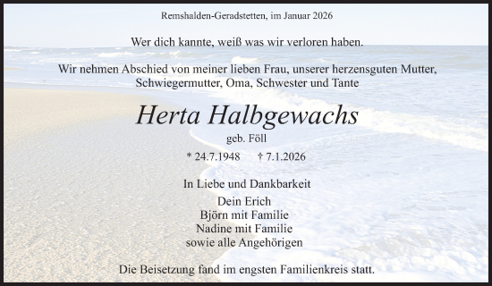 Traueranzeige von Herta Halbgewachs von Waiblinger Kreiszeitung