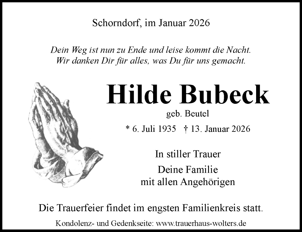  Traueranzeige für Hilde Bubeck vom 17.01.2026 aus Waiblinger Kreiszeitung