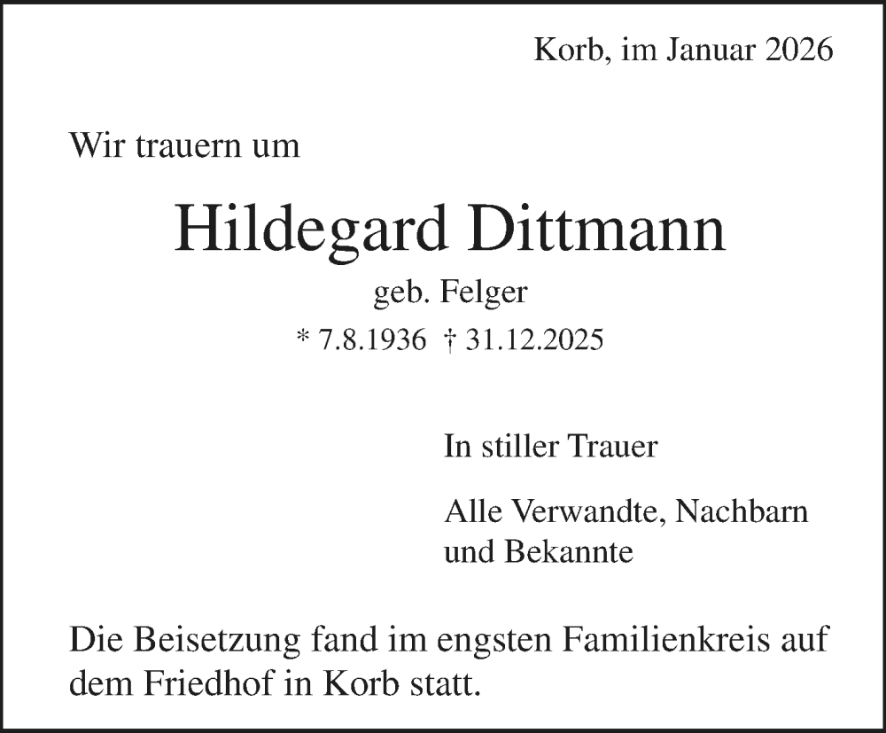  Traueranzeige für Hildegard Dittmann vom 30.01.2026 aus Waiblinger Kreiszeitung