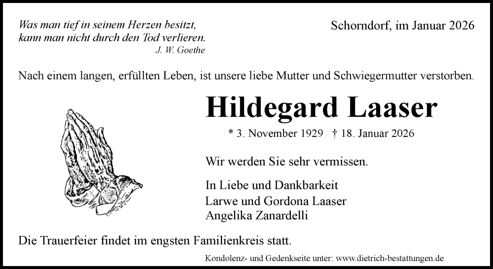  Traueranzeige für Hildegard Laaser vom 24.01.2026 aus Waiblinger Kreiszeitung