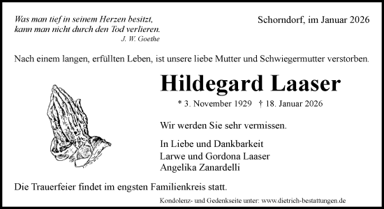 Traueranzeige von Hildegard Laaser von Waiblinger Kreiszeitung