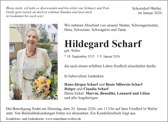Traueranzeige von Hildegard Scharf von Waiblinger Kreiszeitung