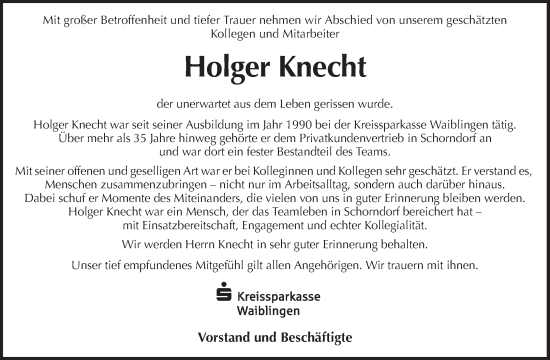Traueranzeige von Holger Knecht von Waiblinger Kreiszeitung