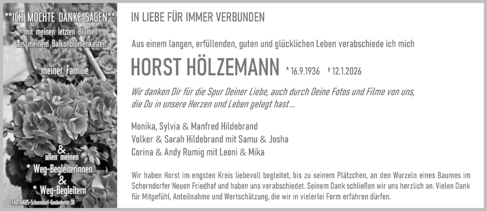  Traueranzeige für Horst Hölzemann vom 31.01.2026 aus Waiblinger Kreiszeitung
