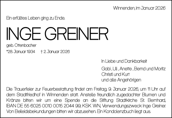 Traueranzeige von Inge Greiner von Waiblinger Kreiszeitung