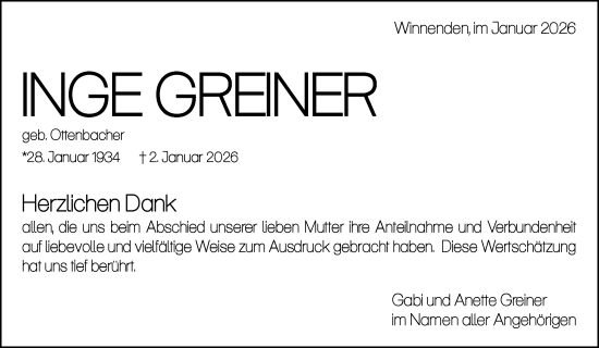 Traueranzeige von Inge Greiner von Waiblinger Kreiszeitung