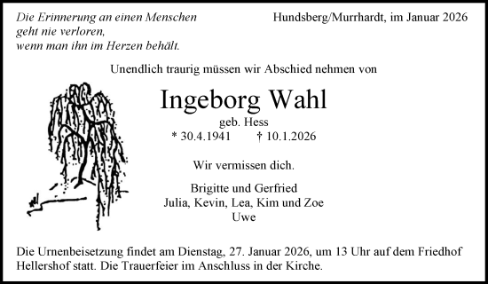 Traueranzeige von Ingeborg Wahl von Waiblinger Kreiszeitung