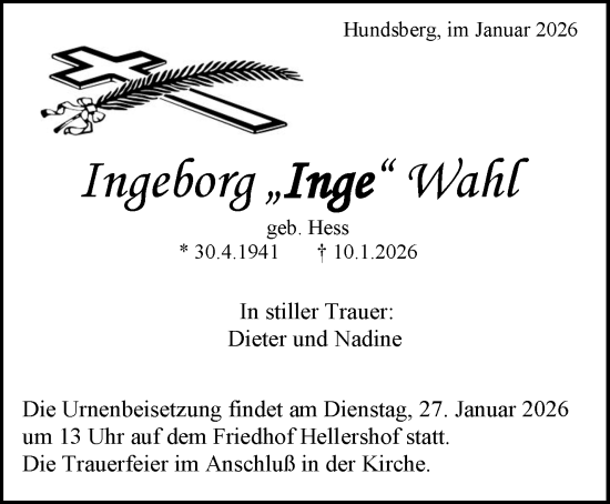 Traueranzeige von Ingeborg Wahl von Waiblinger Kreiszeitung