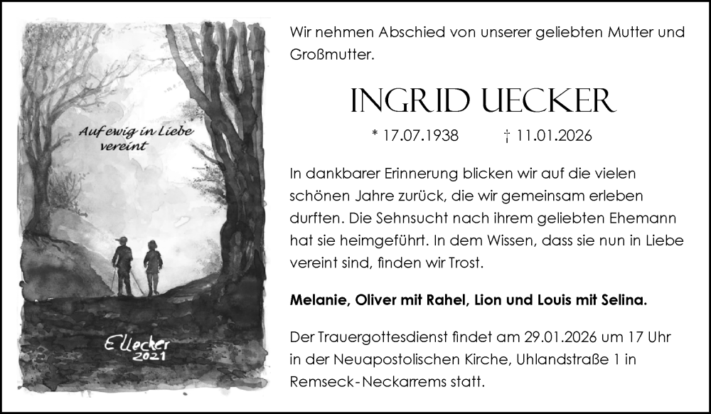 Traueranzeige für Ingrid Uecker vom 20.01.2026 aus Waiblinger Kreiszeitung