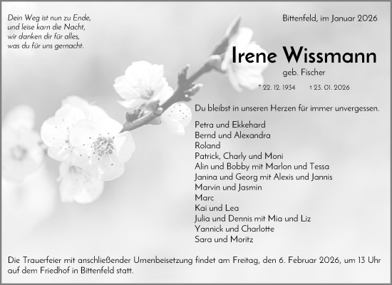 Traueranzeige von Irene Wissmann von Waiblinger Kreiszeitung