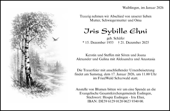 Traueranzeige von Iris Sybille Ehni von Waiblinger Kreiszeitung