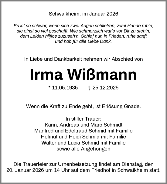 Traueranzeige von Irma Wißmann von Waiblinger Kreiszeitung