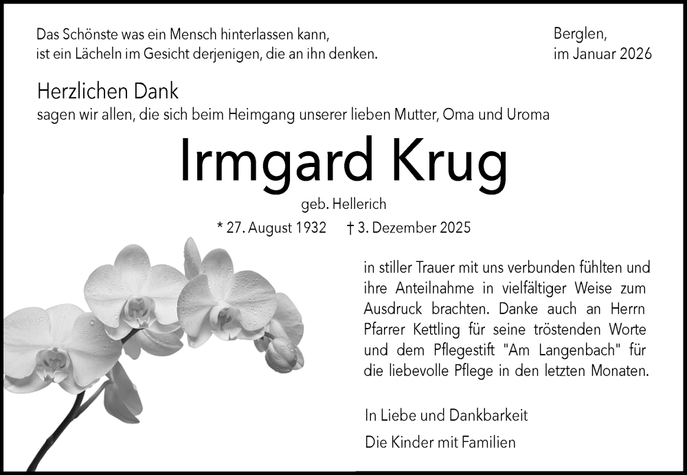  Traueranzeige für Irmgard Krug vom 17.01.2026 aus Waiblinger Kreiszeitung