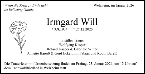 Traueranzeige von Irmgard Will von Waiblinger Kreiszeitung