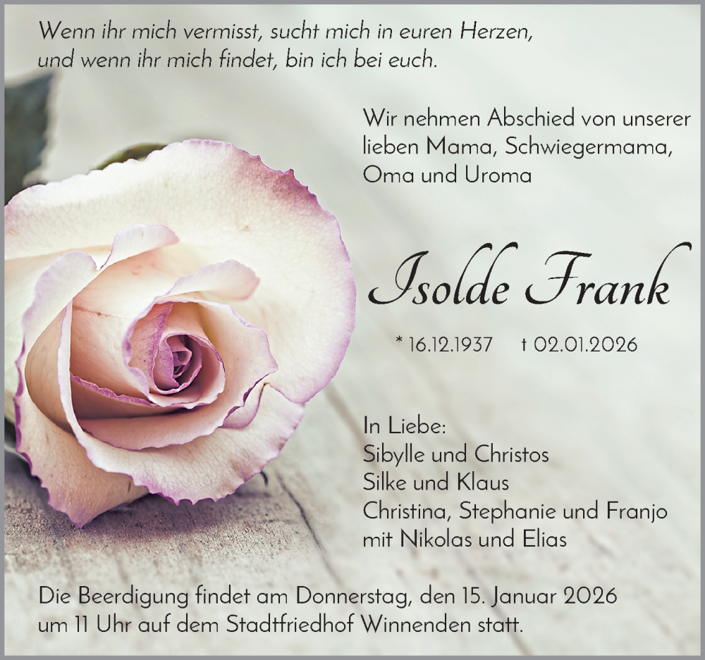  Traueranzeige für Isolde Frank vom 10.01.2026 aus Waiblinger Kreiszeitung