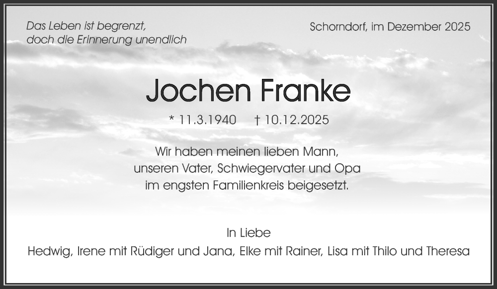  Traueranzeige für Jochen Franke vom 03.01.2026 aus Waiblinger Kreiszeitung