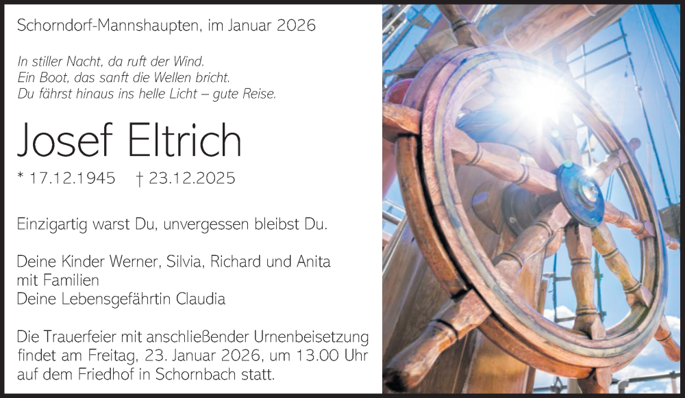  Traueranzeige für Josef Eltrich vom 17.01.2026 aus Waiblinger Kreiszeitung