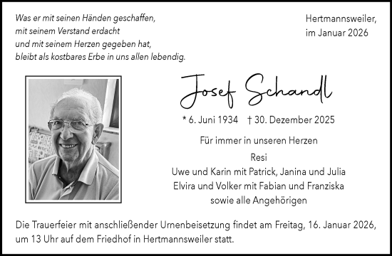 Traueranzeige von Josef Schandl von Waiblinger Kreiszeitung