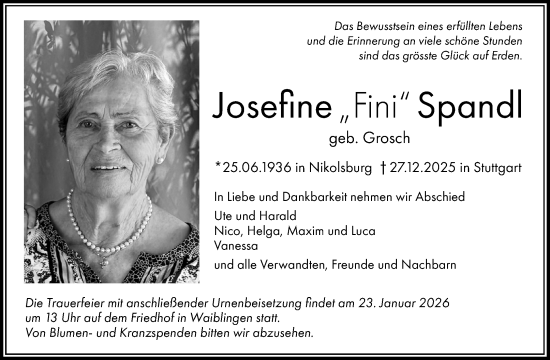 Traueranzeige von Josefine Spandl von Waiblinger Kreiszeitung